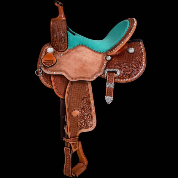 Our Rolling Thunder saddle is just so pretty! With beautiful hand tooled leather and a roughout seat jockey to keep you well seated.  Customize this saddle with your choice of seat color!